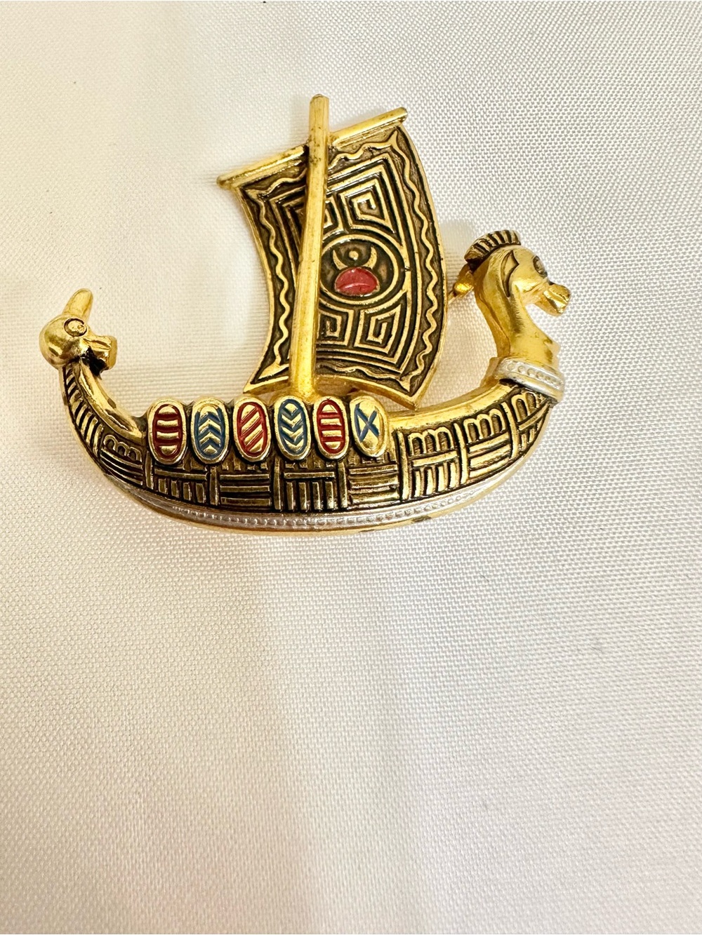 Vintage Gold-Tone Damascene Viking Ship Brooch - Stamped SPAIN